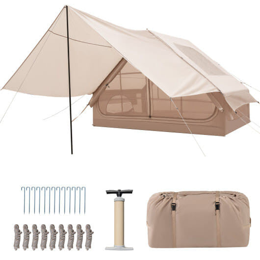 4-6 People Inflatable Camping Tent with Porch and Carrying Bag-Beige-2