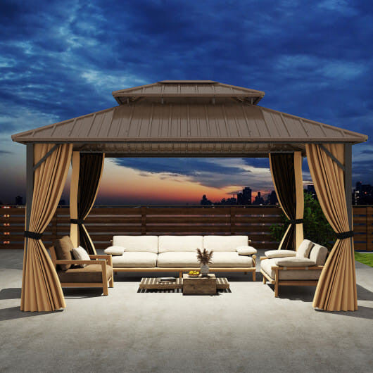 14 x 12 FT Hardtop Gazebo Outdoor Pergola for Patio Garden Deck Lawn Backyard Party Tent-Coffee-1