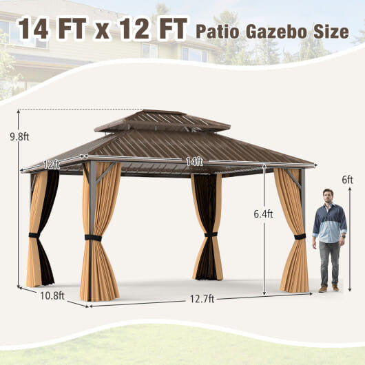14 x 12 FT Hardtop Gazebo Outdoor Pergola for Patio Garden Deck Lawn Backyard Party Tent-Coffee-3