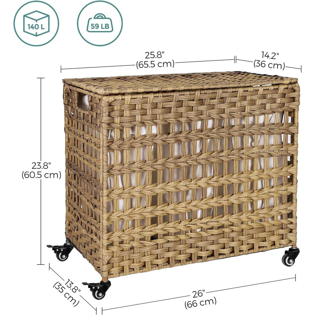 Tan PP Rattan 3-Basket Laundry Hamper Sorter Cart with Removable Cotton Bags-4