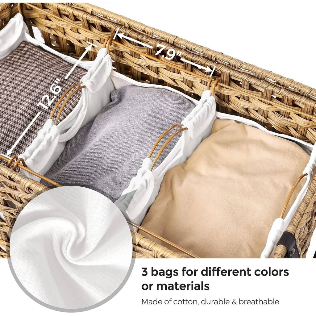 Tan PP Rattan 3-Basket Laundry Hamper Sorter Cart with Removable Cotton Bags-0