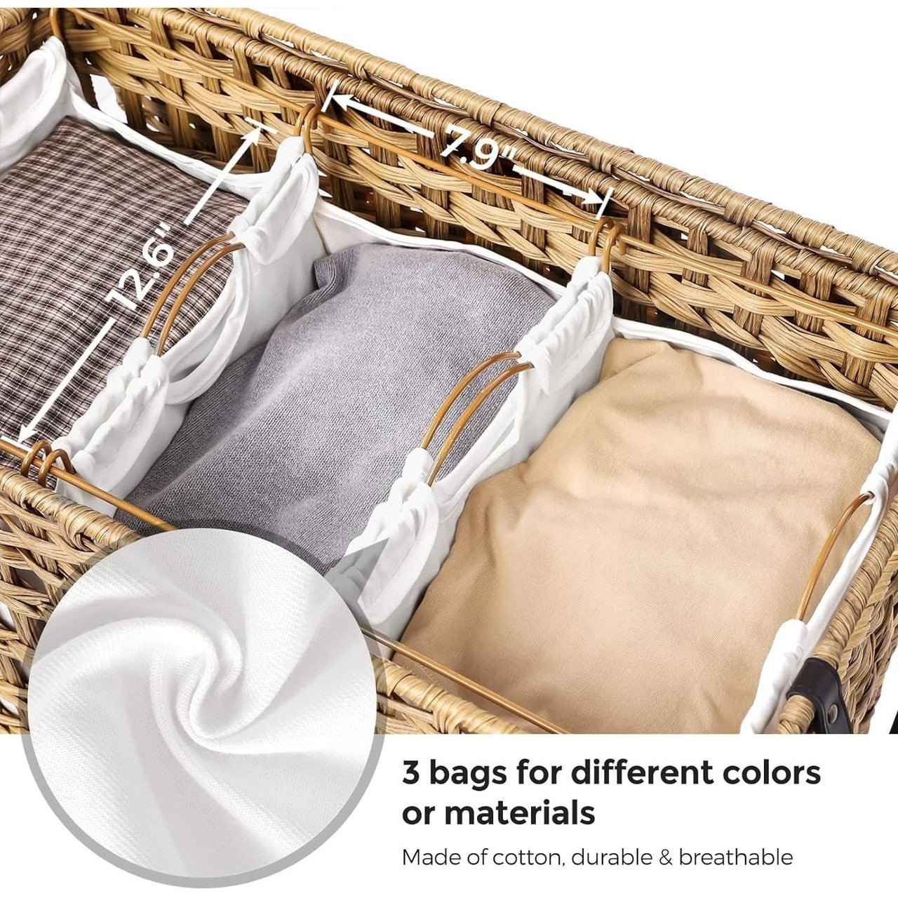 Tan PP Rattan 3-Basket Laundry Hamper Sorter Cart with Removable Cotton Bags-0
