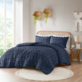 Full/Queen 3 Piece Navy Pompom Microfiber Hypoallergenic Comforter Set-0