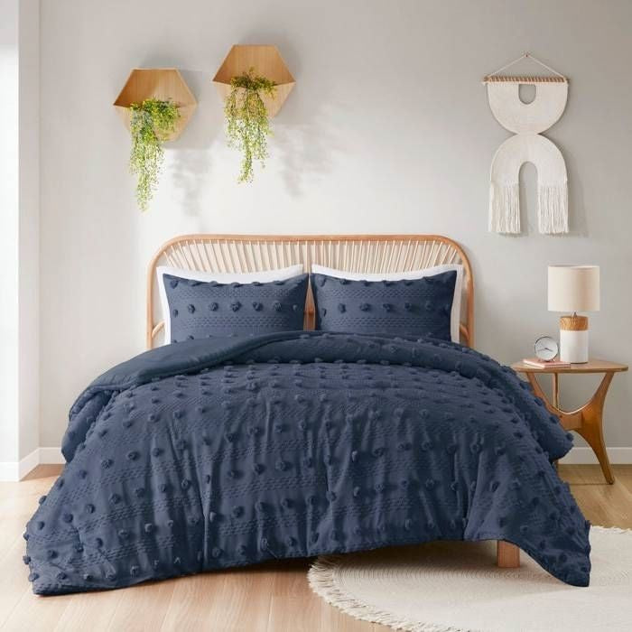 King/Cal King 3 Piece Navy Pompom Microfiber Hypoallergenic Comforter Set-2