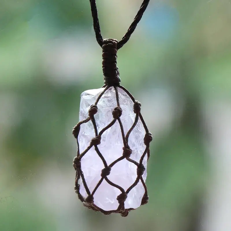 Natural Stone Mesh Pocket Necklace – Crystal Agate Handmade Adjustable Pendant Jewelry-10