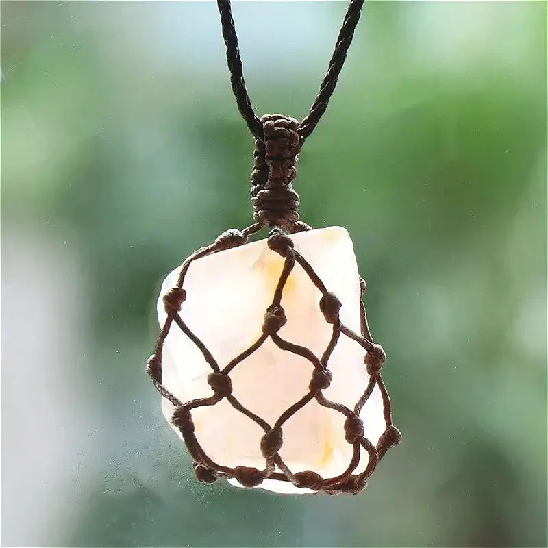 Natural Stone Mesh Pocket Necklace – Crystal Agate Handmade Adjustable Pendant Jewelry-12