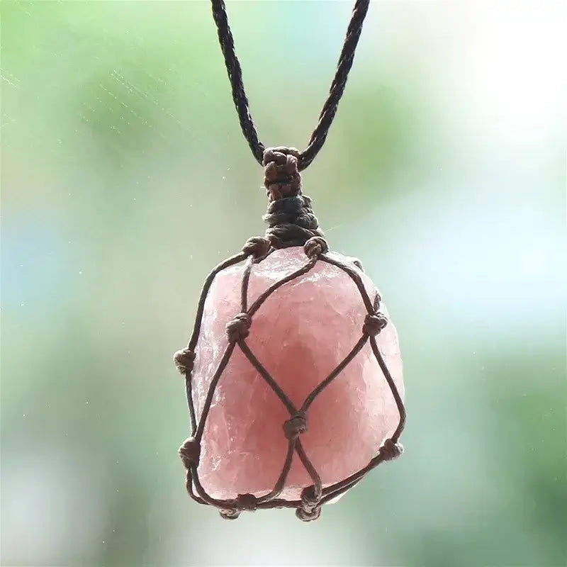 Natural Stone Mesh Pocket Necklace – Crystal Agate Handmade Adjustable Pendant Jewelry-13