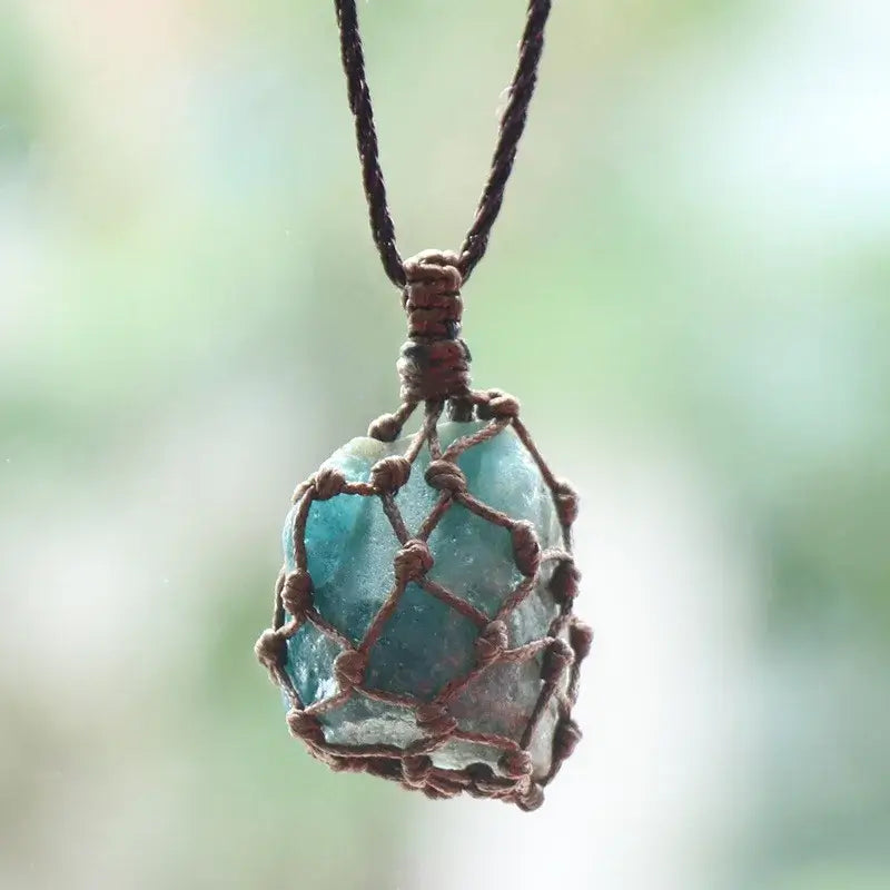 Natural Stone Mesh Pocket Necklace – Crystal Agate Handmade Adjustable Pendant Jewelry-14