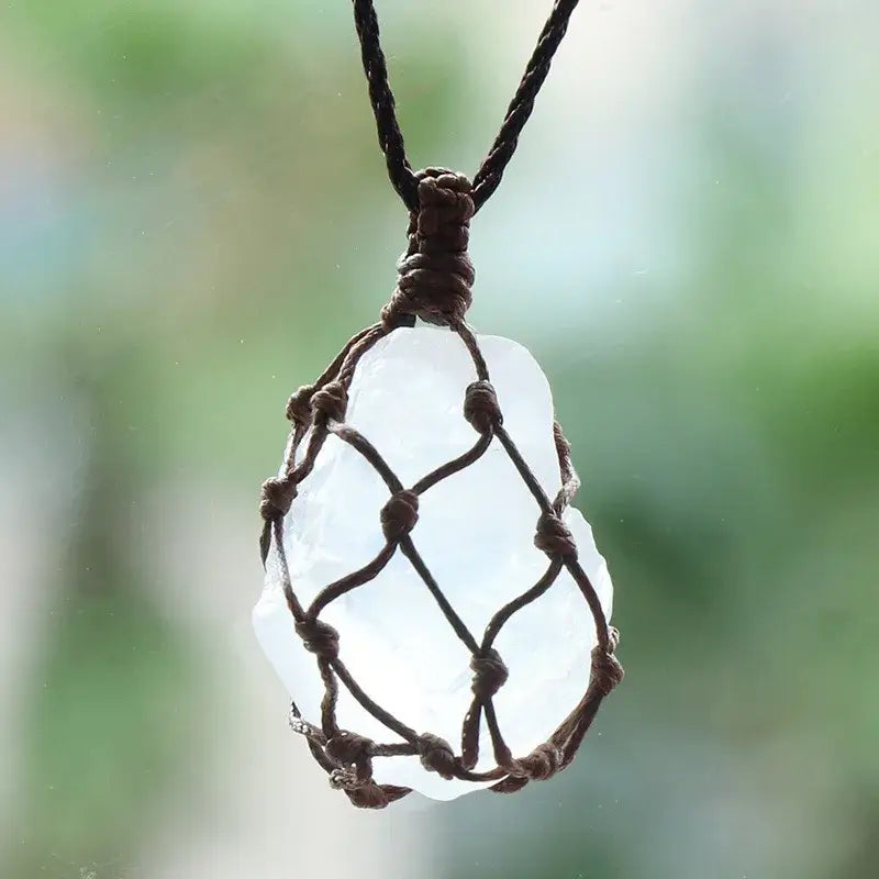 Natural Stone Mesh Pocket Necklace – Crystal Agate Handmade Adjustable Pendant Jewelry-15