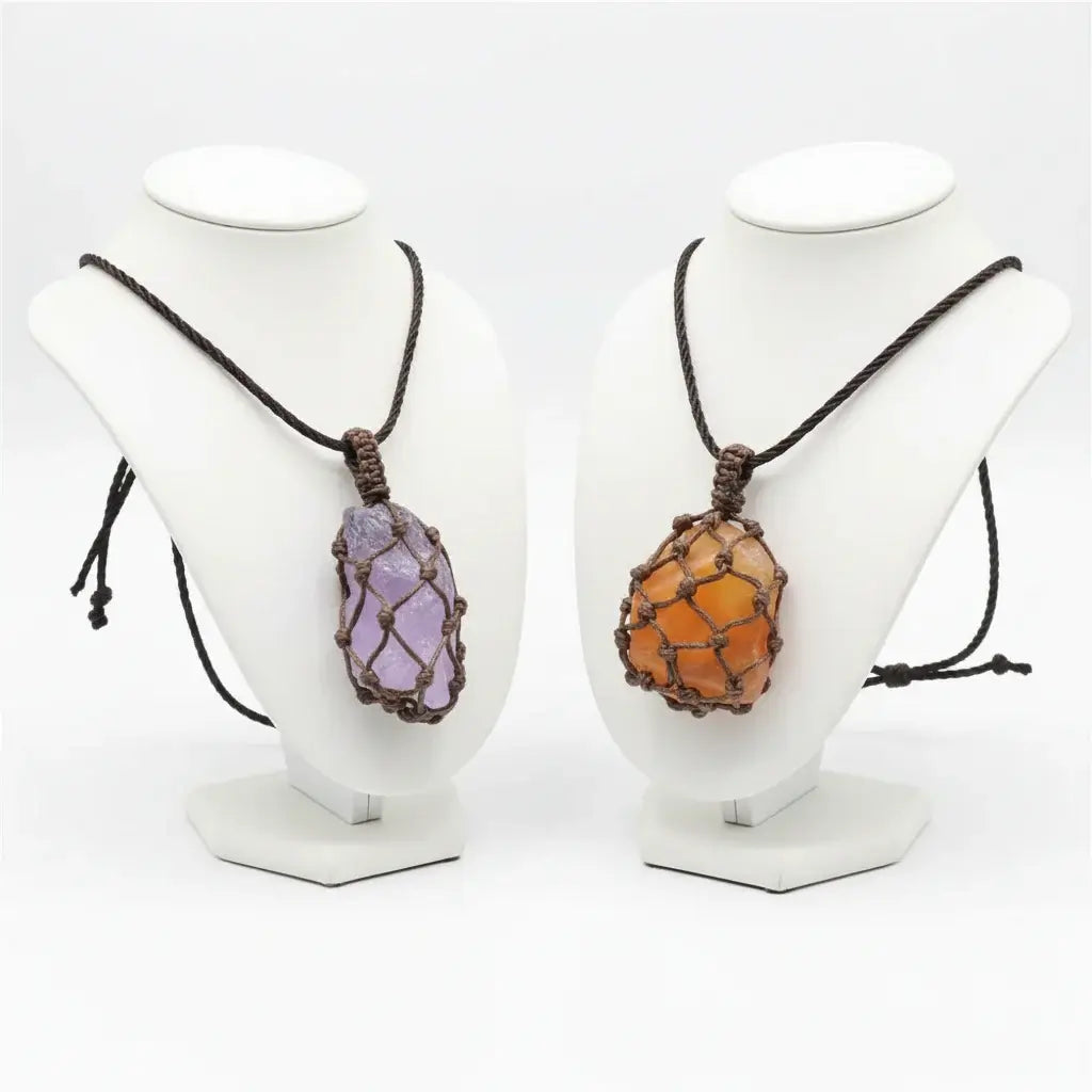 Natural Stone Mesh Pocket Necklace – Crystal Agate Handmade Adjustable Pendant Jewelry-2