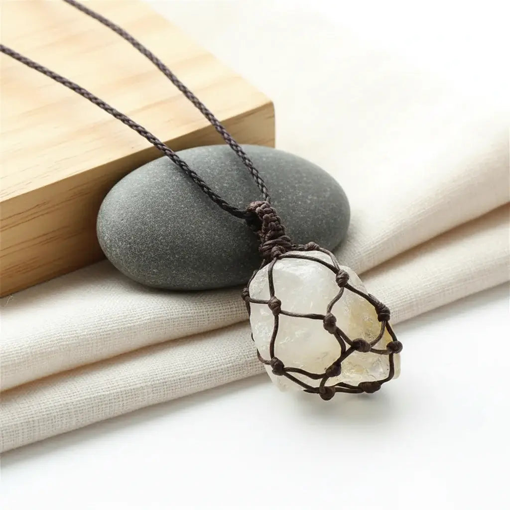 Natural Stone Mesh Pocket Necklace – Crystal Agate Handmade Adjustable Pendant Jewelry-3