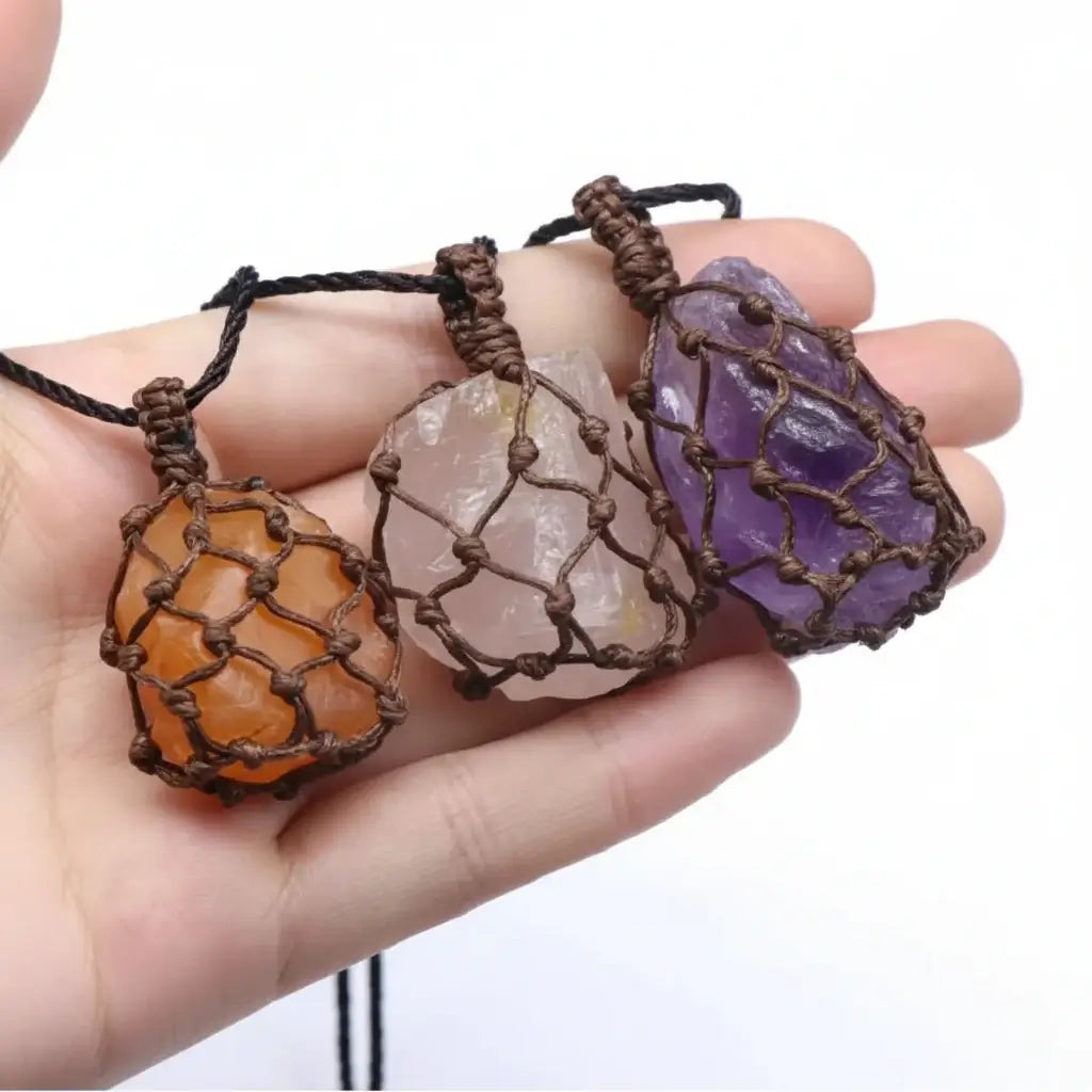 Natural Stone Mesh Pocket Necklace – Crystal Agate Handmade Adjustable Pendant Jewelry-4