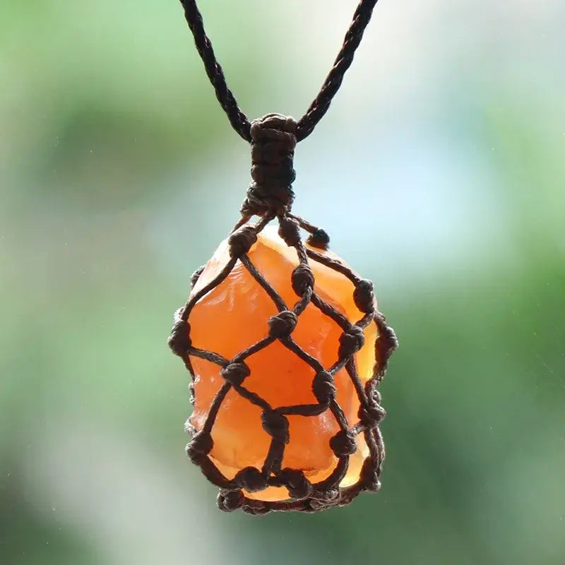 Natural Stone Mesh Pocket Necklace – Crystal Agate Handmade Adjustable Pendant Jewelry-8