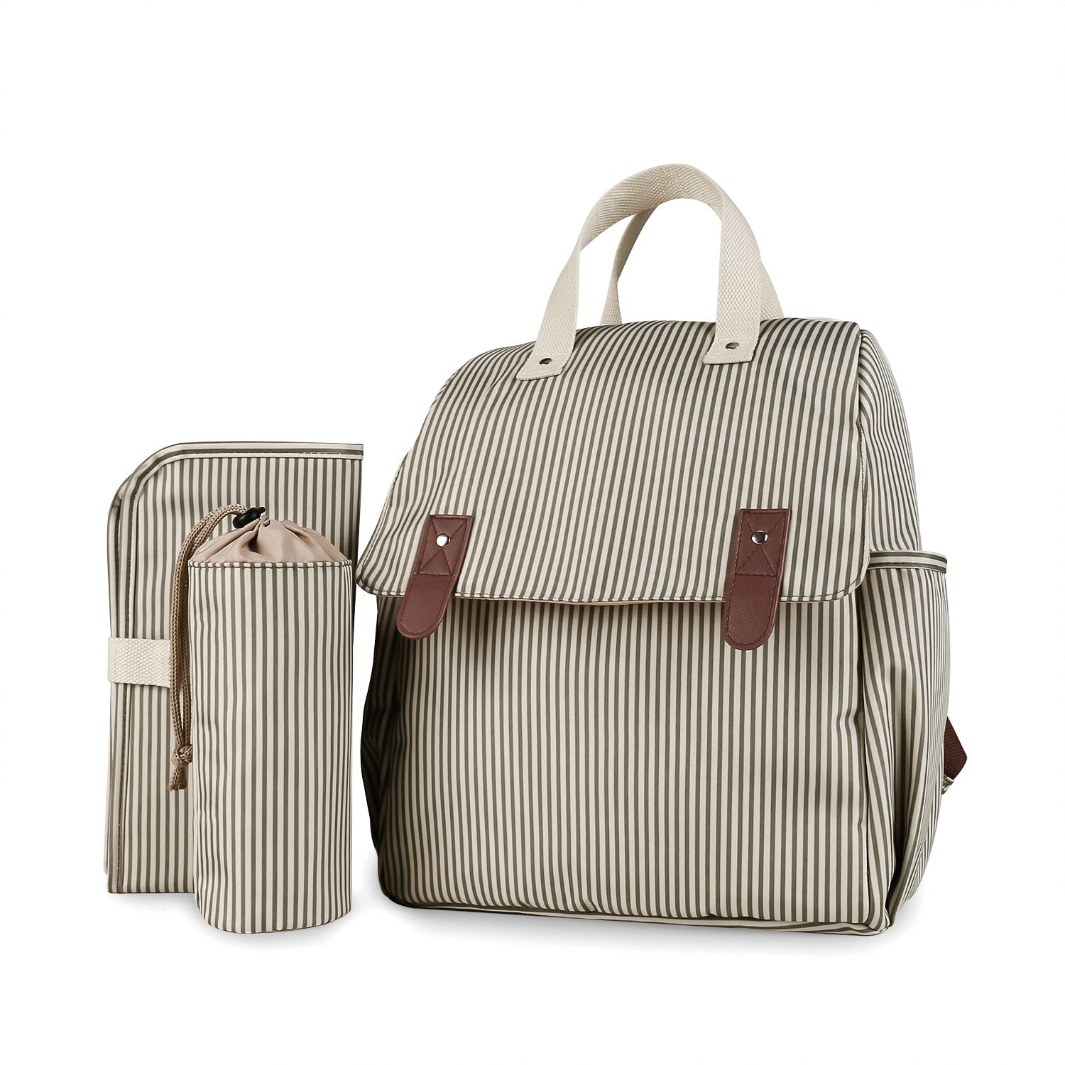 Striped double-shoulder and single-shoulder diaper bag with separate diaper pad and bottle bag, multi-functional maternity and baby travel stroller bag-5