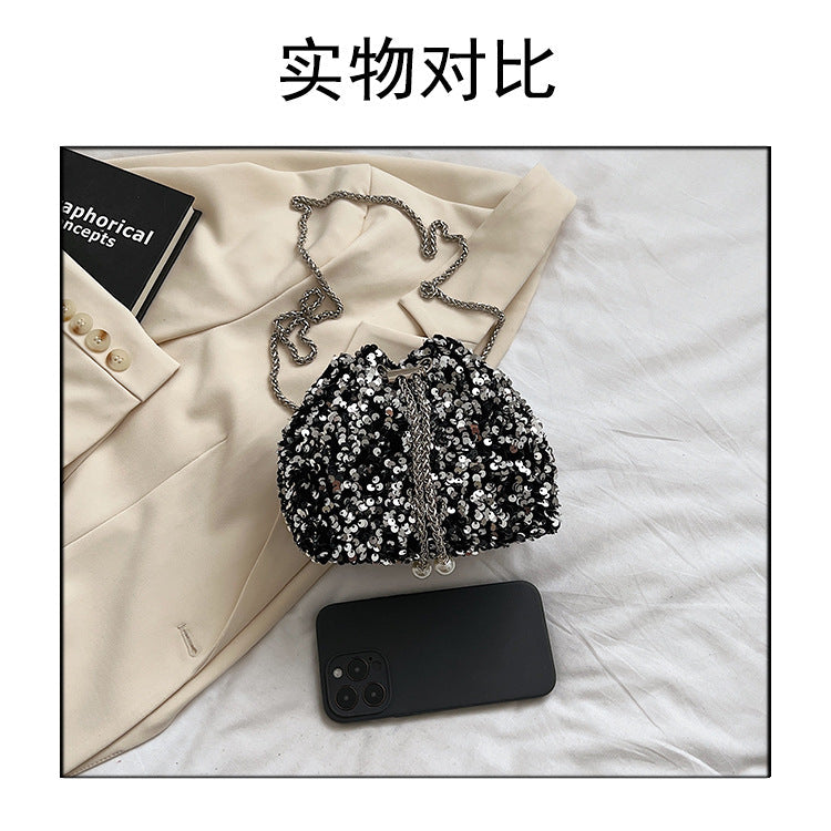 Fashionable personality sequin bag female new Korean version bucket bag foreign air shoulder bag tide cross body dinner bag-2