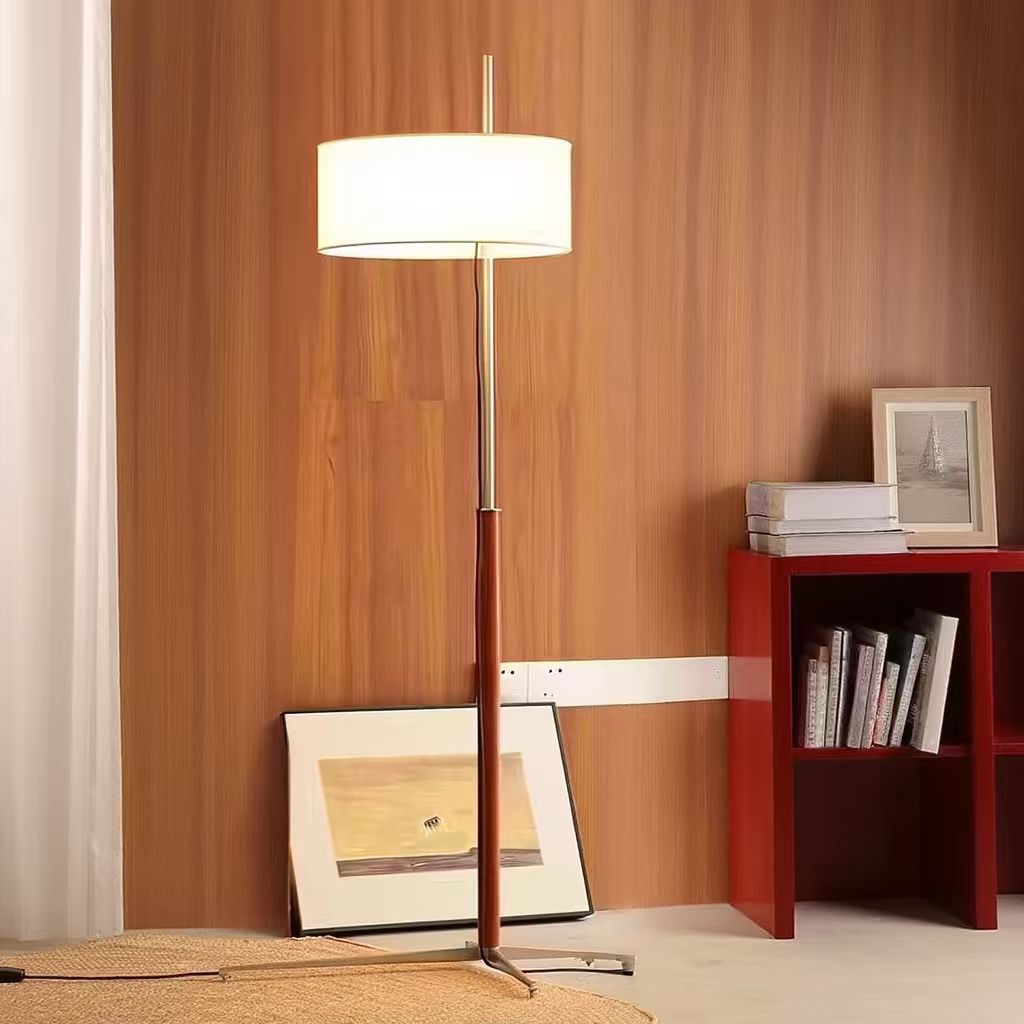 Mid Century Standing Lamp with Fabric Drum Shade-3
