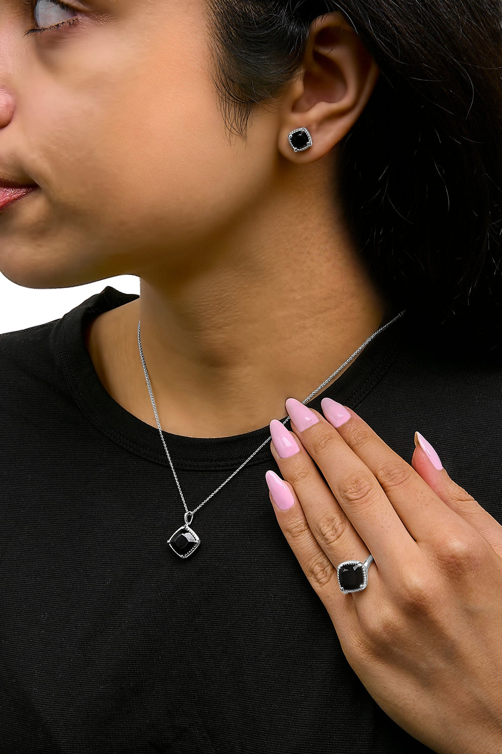 Sterling Silver Cushion Onyx 3-Piece Jewelry Set Ring Earrings Pendant 18 Inch Cable Chain-2