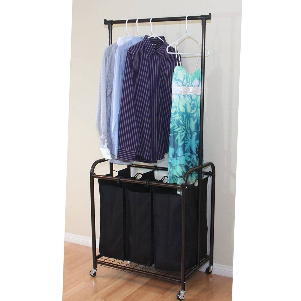 Bronze Black 3-Bag Laundry Sorter Hamper with Adjustable Clothes Hanging Bar-0