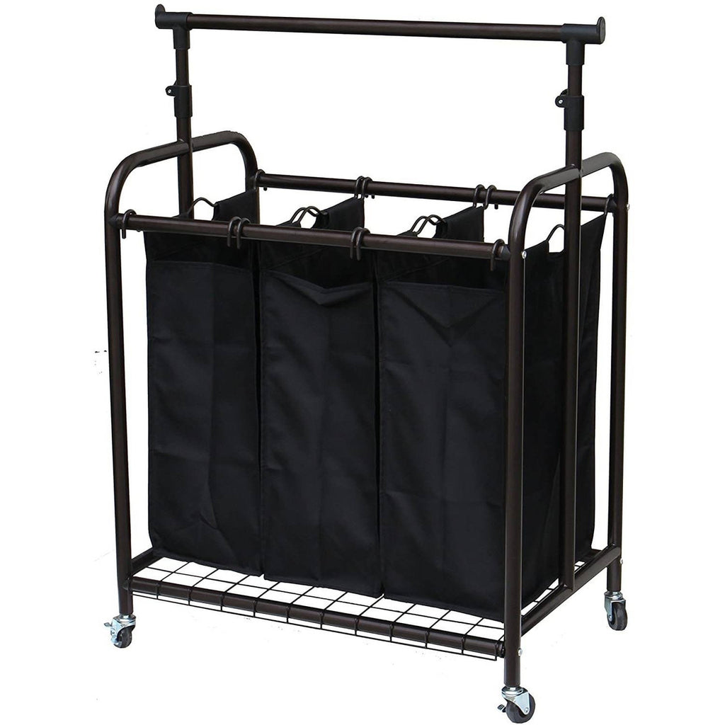Bronze Black 3-Bag Laundry Sorter Hamper with Adjustable Clothes Hanging Bar-1
