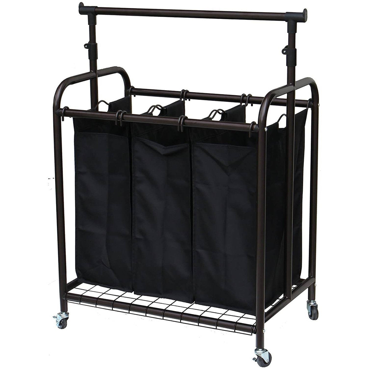 Bronze Black 3-Bag Laundry Sorter Hamper with Adjustable Clothes Hanging Bar-1