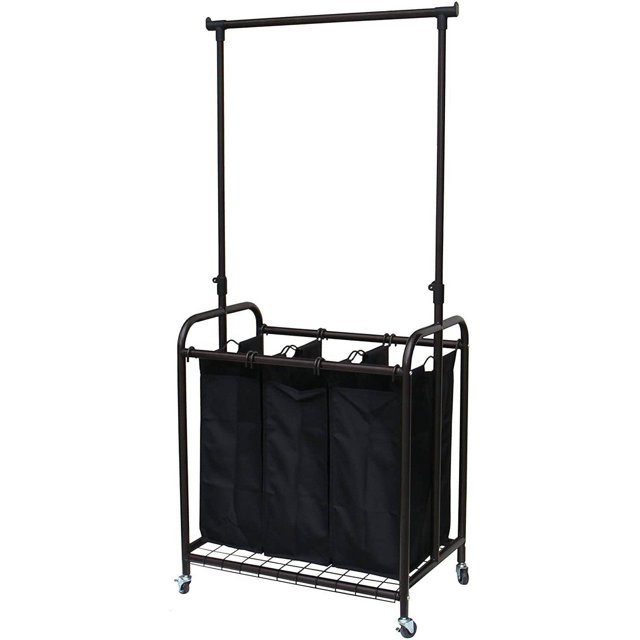 Bronze Black 3-Bag Laundry Sorter Hamper with Adjustable Clothes Hanging Bar-2