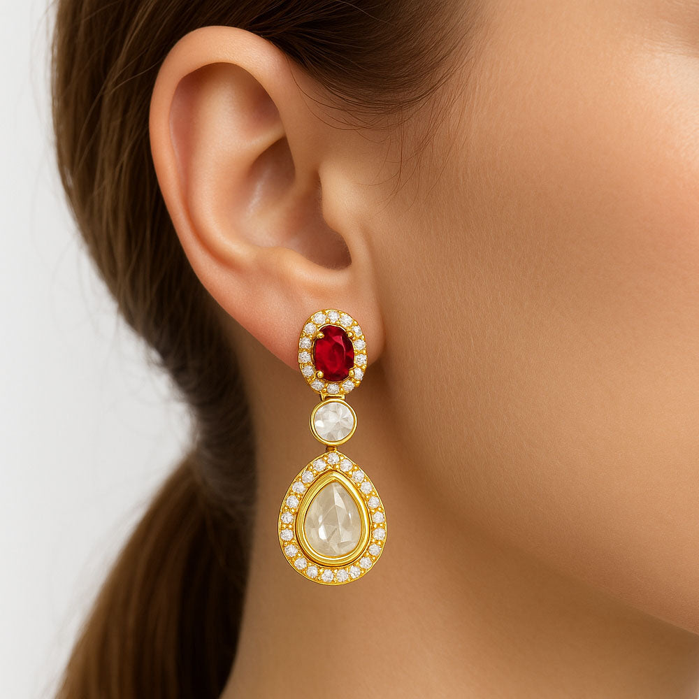 Kundan Polki Dangle Earrings 18K Gold Plated Jewelry with Gemstone PGE1002-0