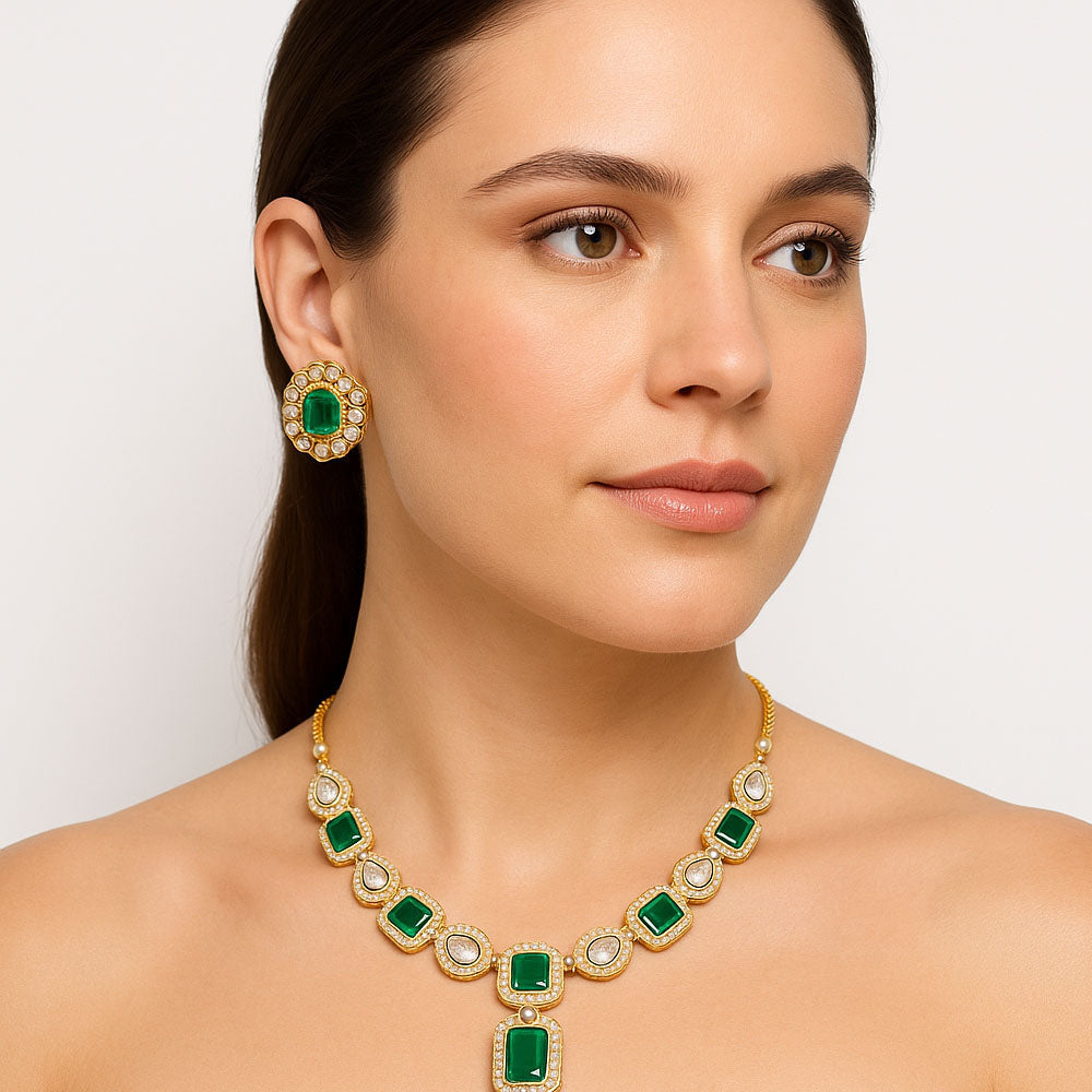 Bridal Kundan Polki Green Necklace Earrings Set 18K Gold Plated Jewelry PGT1001-0