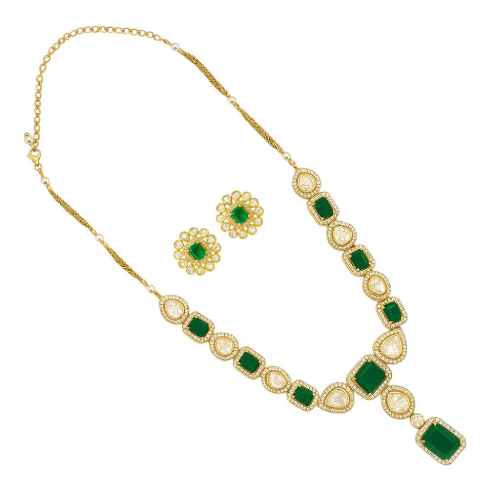 Bridal Kundan Polki Green Necklace Earrings Set 18K Gold Plated Jewelry PGT1001-2