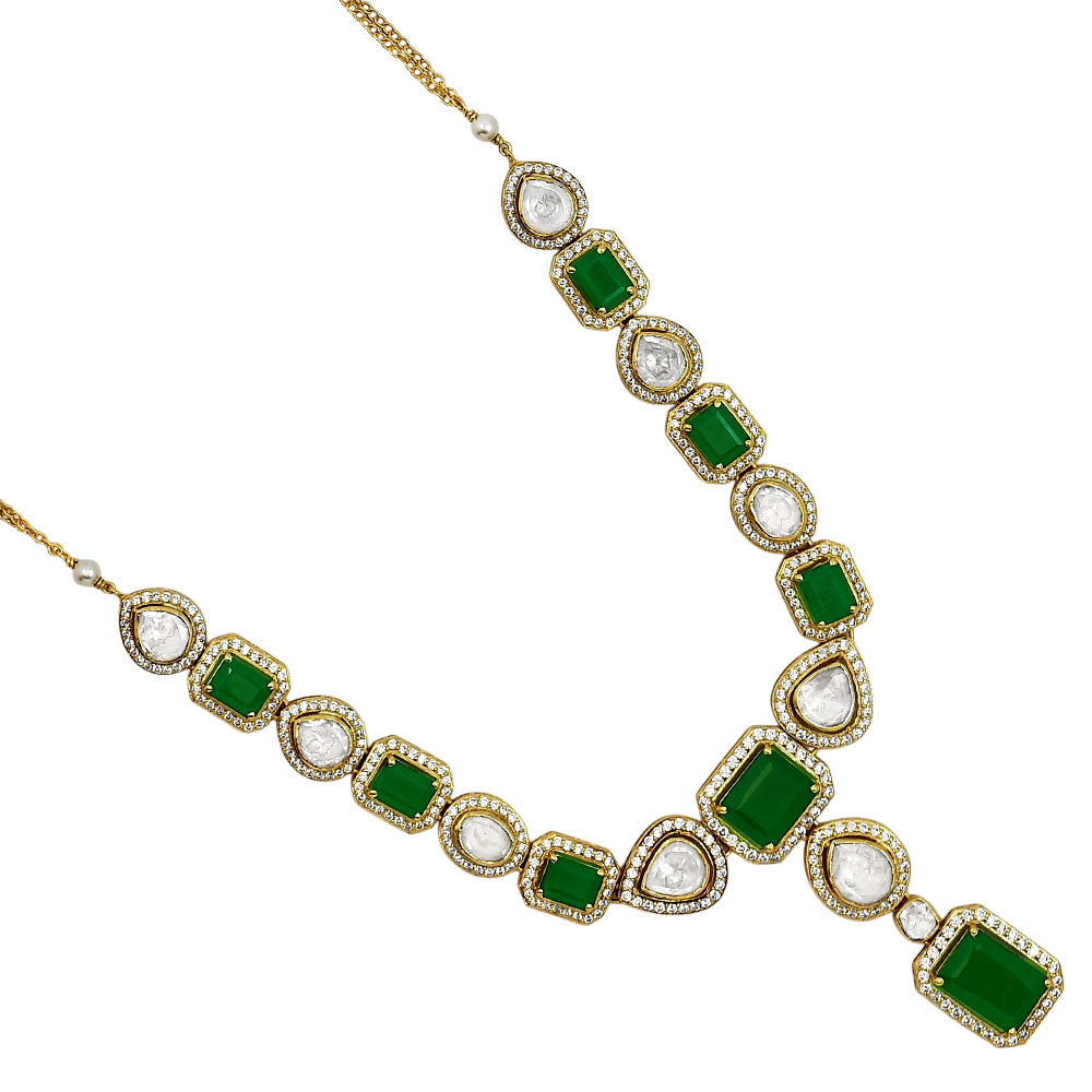 Bridal Kundan Polki Green Necklace Earrings Set 18K Gold Plated Jewelry PGT1001-3