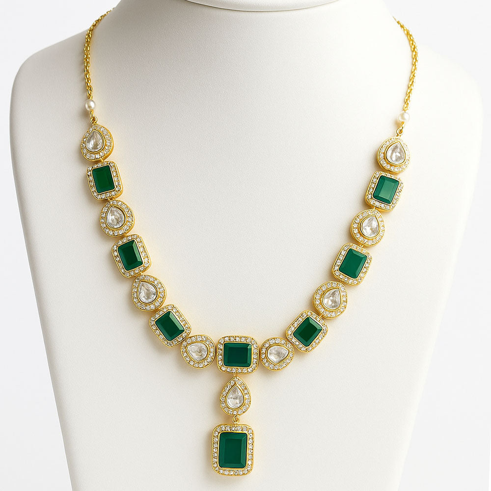 Bridal Kundan Polki Green Necklace Earrings Set 18K Gold Plated Jewelry PGT1001-4