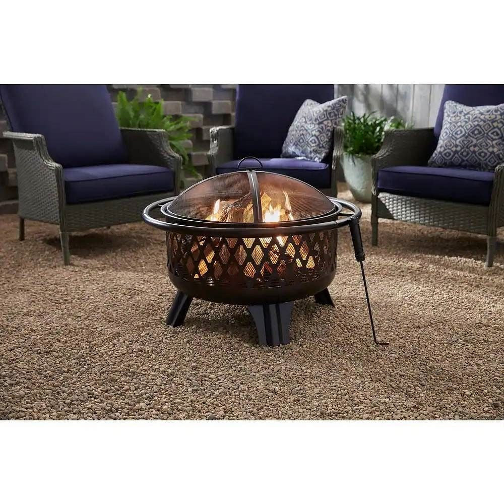 30-inch Black Steel Outdoor Fire Pit Grill with Screen and Poker-0