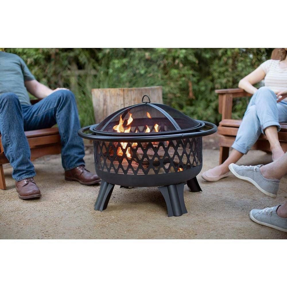 30-inch Black Steel Outdoor Fire Pit Grill with Screen and Poker-1