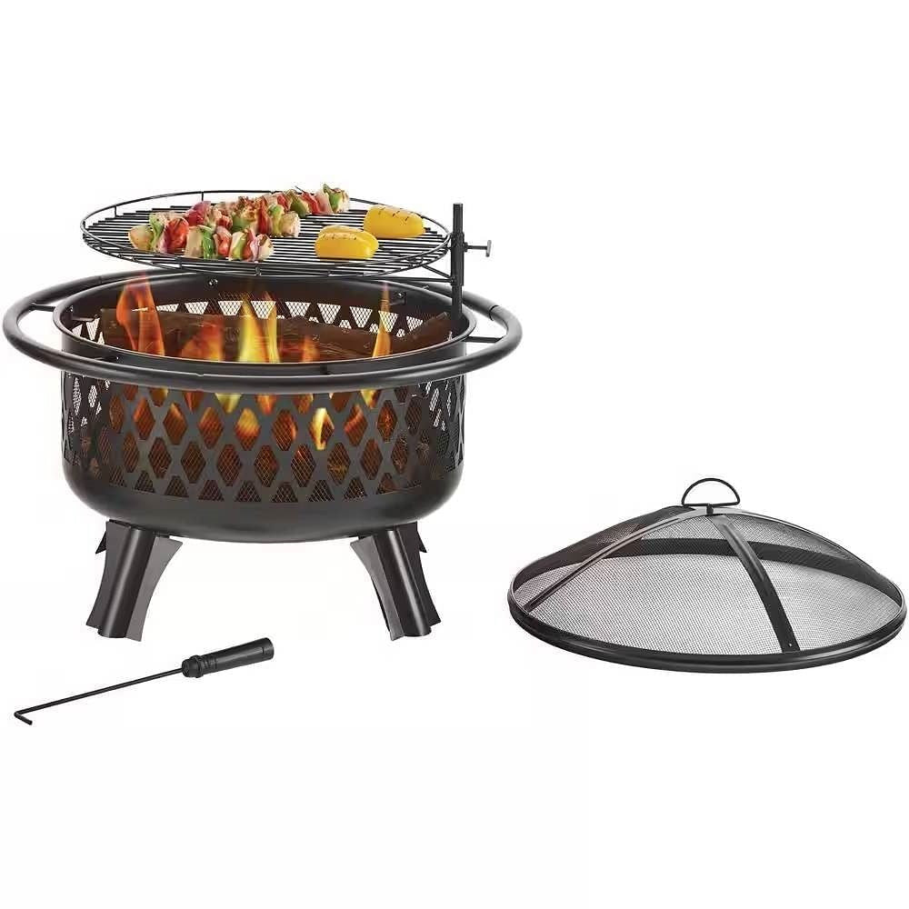 30-inch Black Steel Outdoor Fire Pit Grill with Screen and Poker-2