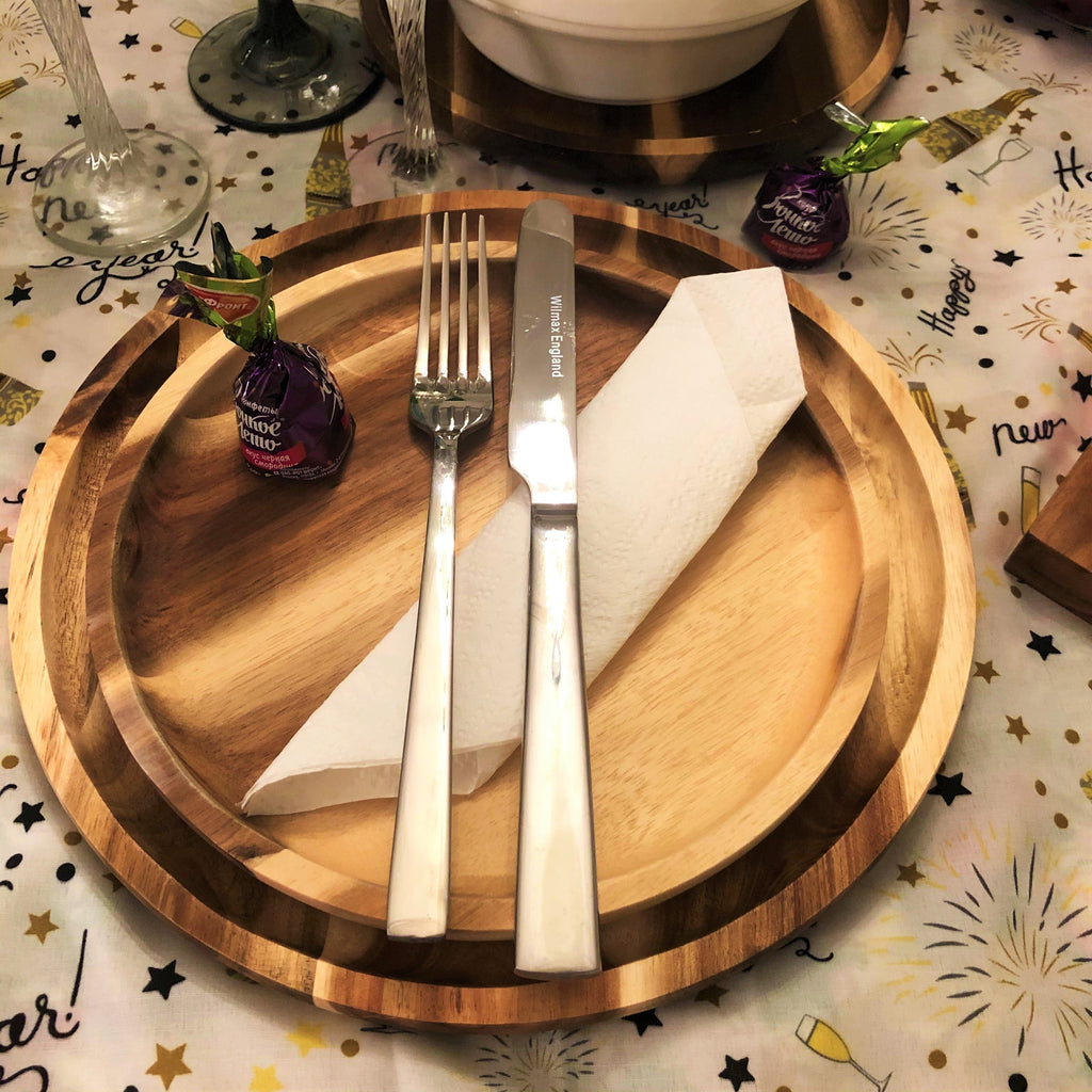 [ Set of 3 ] Zavis Green Acacia Wood Round Stackable Plate / Platter 16" | Dishwasher Safe-4