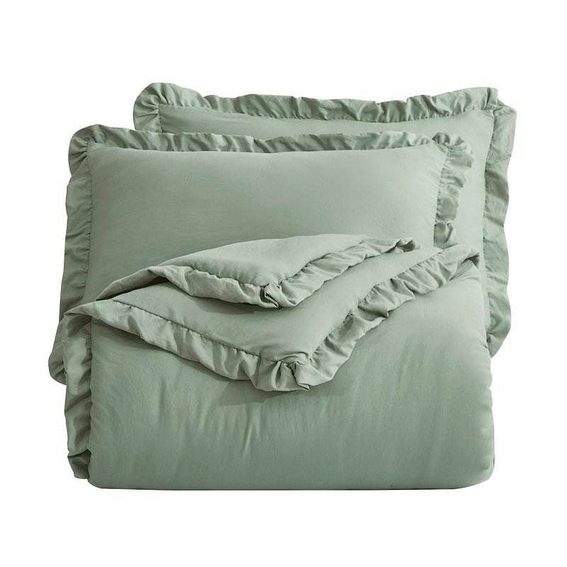 Oversized Queen Sage Microfiber 3-Piece Comforter Set with Ruffled Edge Trim-0