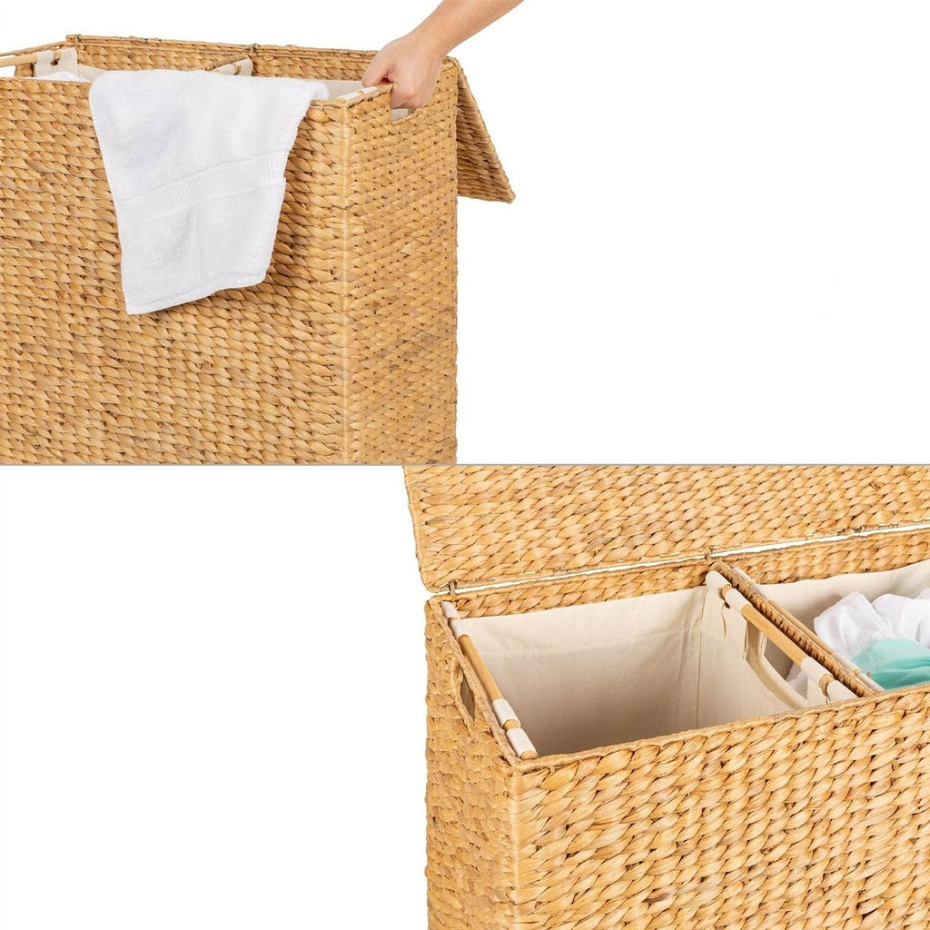 Natural 2-Bin Handwoven Hyacinth Linen Liner Laundry Hamper w/ Handles-0