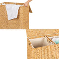 Natural 2-Bin Handwoven Hyacinth Linen Liner Laundry Hamper w/ Handles-0