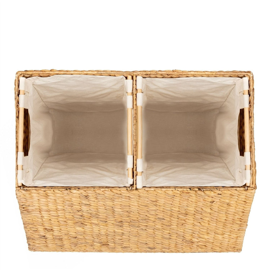 Natural 2-Bin Handwoven Hyacinth Linen Liner Laundry Hamper w/ Handles-1