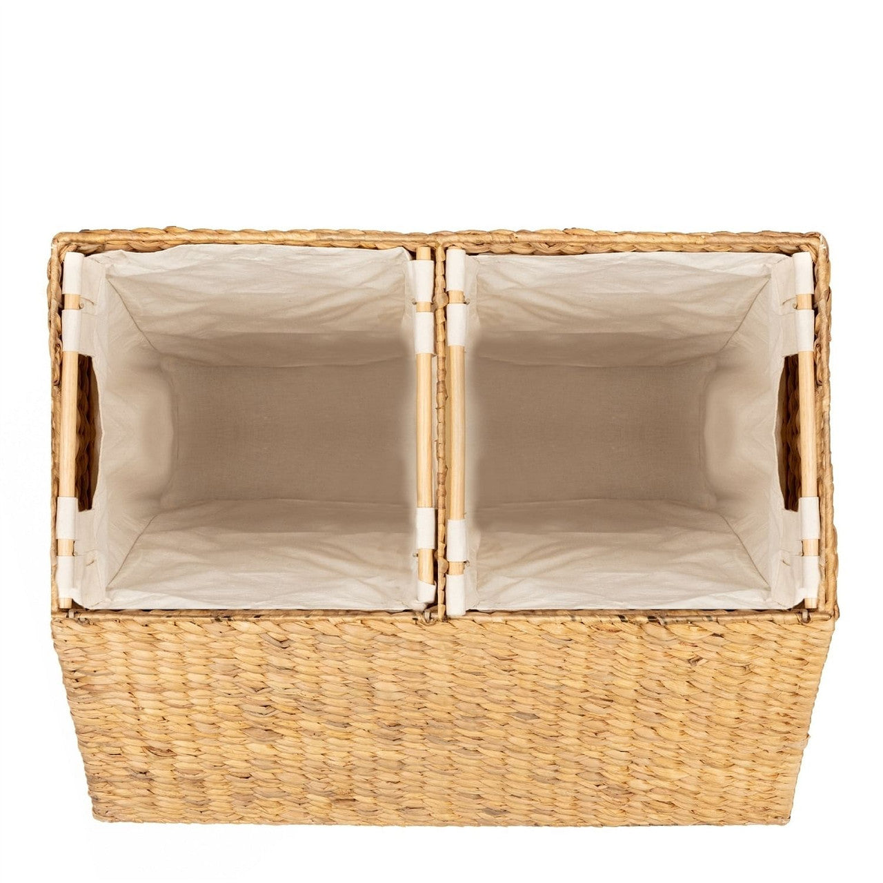 Natural 2-Bin Handwoven Hyacinth Linen Liner Laundry Hamper w/ Handles-1