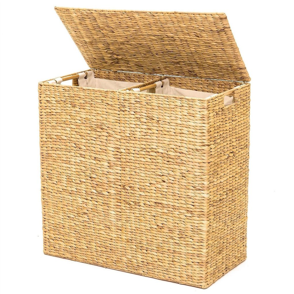 Natural 2-Bin Handwoven Hyacinth Linen Liner Laundry Hamper w/ Handles-2