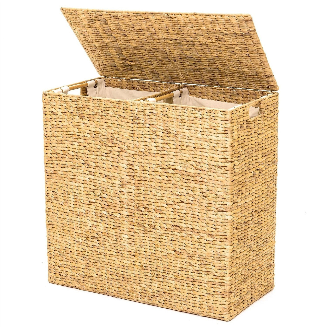 Natural 2-Bin Handwoven Hyacinth Linen Liner Laundry Hamper w/ Handles-2