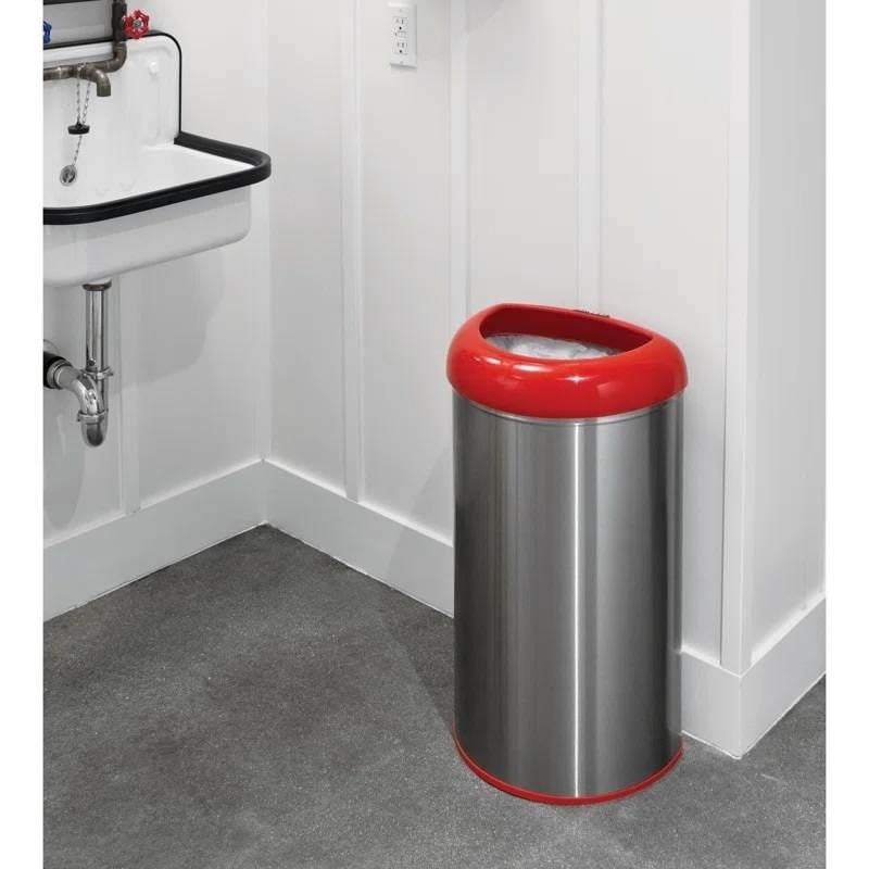 13-Gallon Stainless Steel Trash Can with Red Open Top-1