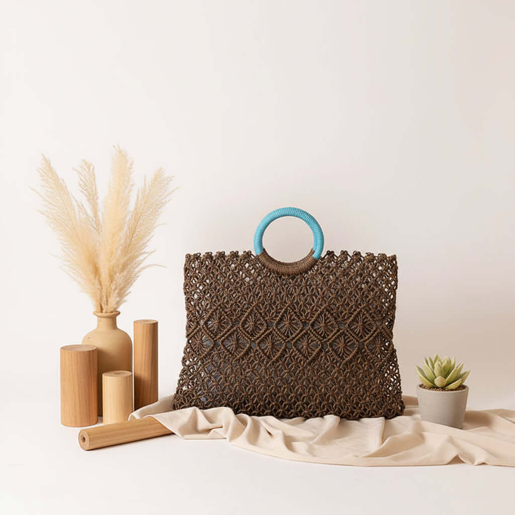 Round Handle Portable Square Straw Bag Summer Hollow Out Cutout Pattern Straw Bag-0
