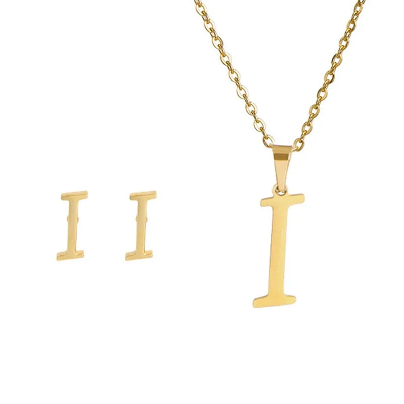Fashion Stainless Steel A-Z Alphabet Initial Necklace 26 English Letter Earrings Necklace For Women Set Personalize Jewelry Gift-22