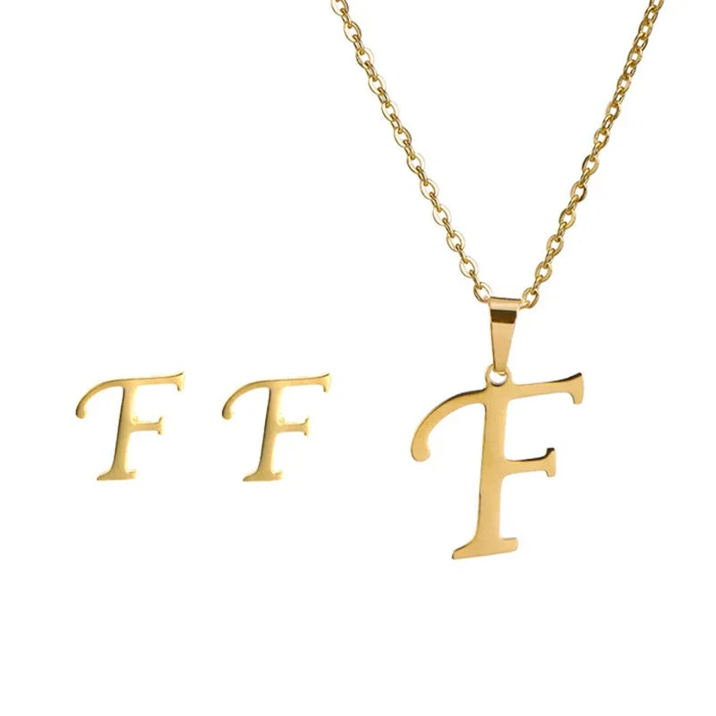 Fashion Stainless Steel A-Z Alphabet Initial Necklace 26 English Letter Earrings Necklace For Women Set Personalize Jewelry Gift-28