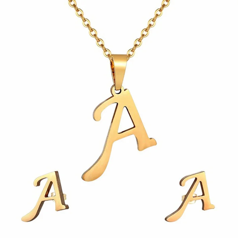 Fashion Stainless Steel A-Z Alphabet Initial Necklace 26 English Letter Earrings Necklace For Women Set Personalize Jewelry Gift-1