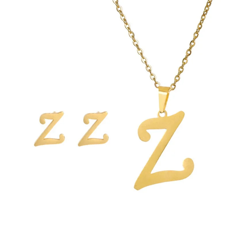 Fashion Stainless Steel A-Z Alphabet Initial Necklace 26 English Letter Earrings Necklace For Women Set Personalize Jewelry Gift-7