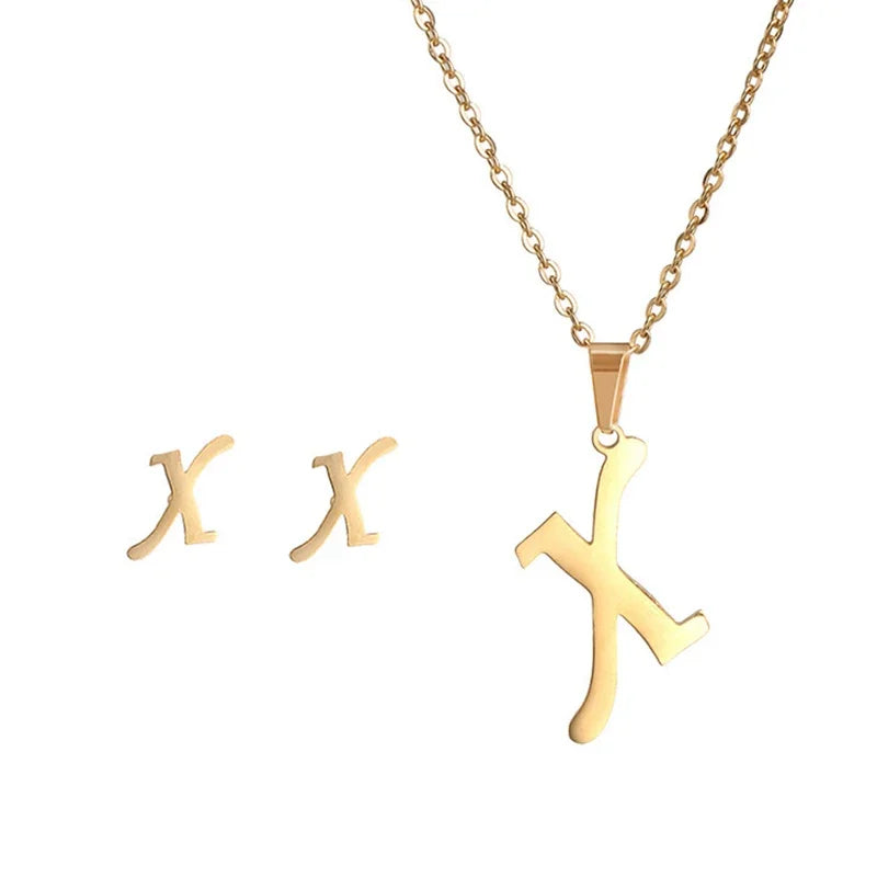 Fashion Stainless Steel A-Z Alphabet Initial Necklace 26 English Letter Earrings Necklace For Women Set Personalize Jewelry Gift-5
