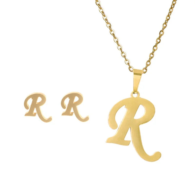 Fashion Stainless Steel A-Z Alphabet Initial Necklace 26 English Letter Earrings Necklace For Women Set Personalize Jewelry Gift-15