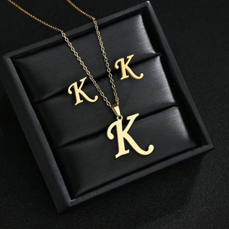 Fashion Stainless Steel A-Z Alphabet Initial Necklace 26 English Letter Earrings Necklace For Women Set Personalize Jewelry Gift-0